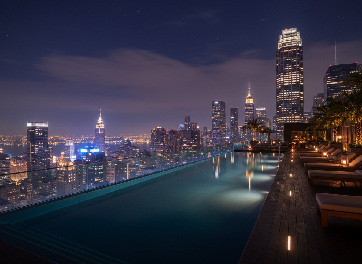 a night view of an infinity pool on a NYC highrise overlooking the Manhattan skyline, moody lighting, photorealistic