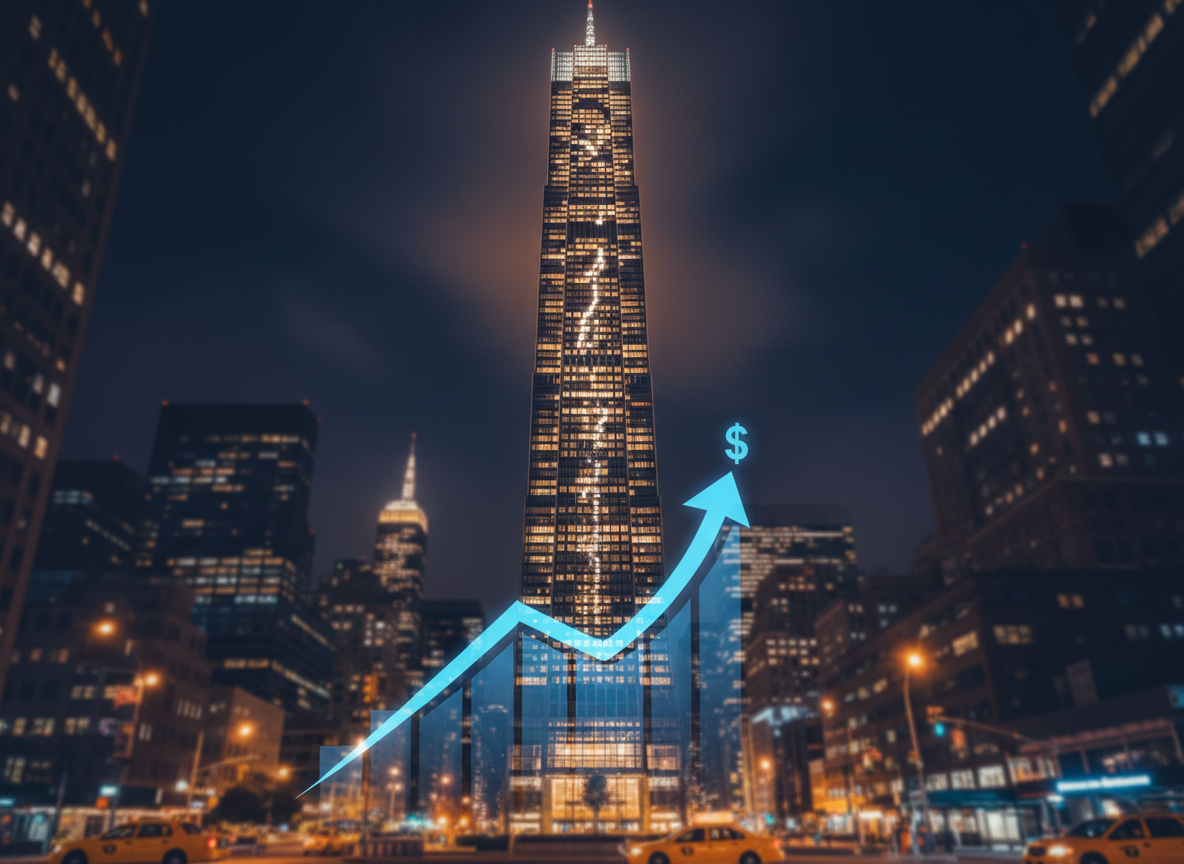 A New York City night scene featuring a singular building subtly illuminated, visually referencing upward sales and rising profits—use iconography like a glowing upward arrow overlay or ascending lit windows. The scene should be sophisticated, professional, and slightly smaller in visual scale than previous images. Maintain the current site theme and color mood.
